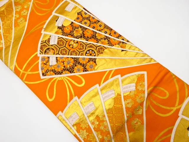 JAPANESE KIMONO / ANTIQUE FUKURO OBI / SILK / WOVEN FAN & FLOWER